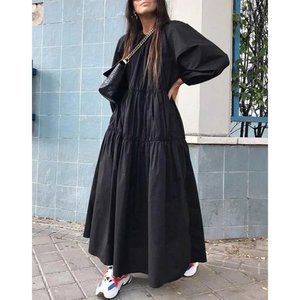 Zara black poplin tiered dress L cottage core goth grunge midi prairie puff slee